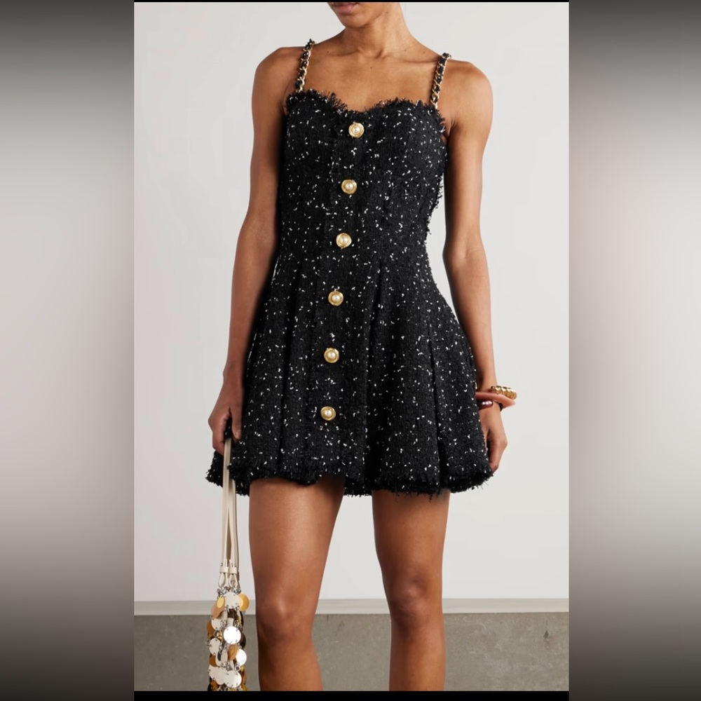 Balmain Black Tweed Mini Dress with Gold Buttons